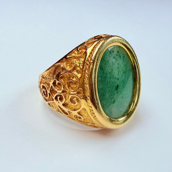 Estate 18K Solid Yellow Gold Mens Natural Jade Signet VTG Antique Scroll Ring - Picture 3 of 12